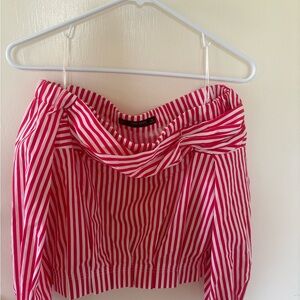 Zara Red and White Striped Off-Shoulder Blouse